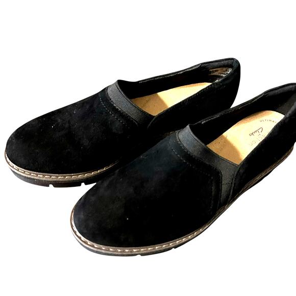 Clarks Women's Collection Airabell Mid Shoes Wedge Black Suede Size 7.5M - Picture 1 of 7